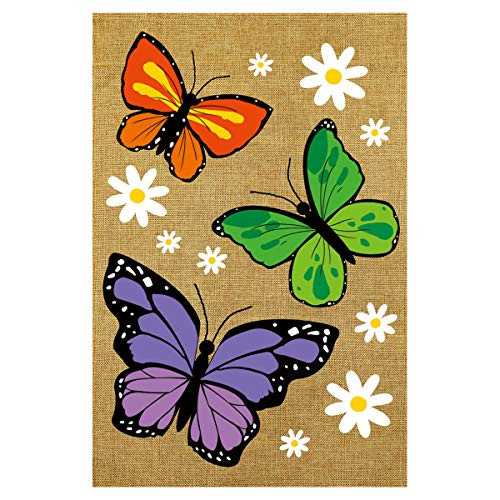 Texupday Butterfly Trio Burlap Spring Double Sided Garden Flag Floral Daisies Yard Flag 12 x 18