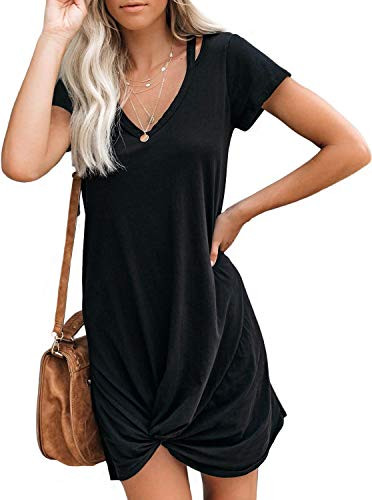 Berryou Womens Summer Loose Short Sleeve V Neck Front Knot Twist Tie Mini T Shirt Dress SmallBlack