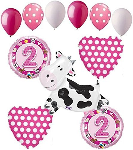 11 pc 2nd Birthday Cow Balloon Bouquet Happy Decoration Farm Animal Second Girl