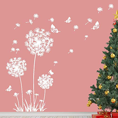Runtoo Giant Dandelion Wall Decals Flying Flowers Butterflies Wall Stickers Plants Wall Art Living Room Bedroom Decor White