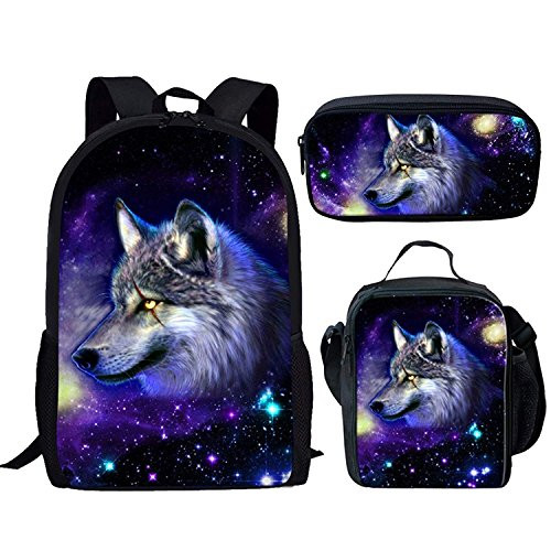 UNICEU Cool Galaxy Animal Wolf Print Backpack 3PCSSet Kids School BagLunch BoxesPencil Bag