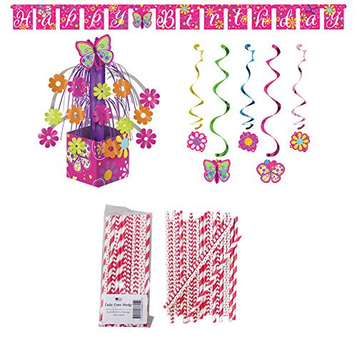 Butterfly Sparkle Birthday Party Supplies Pack: Straws, Party Banner, Dizzy Danglers, and Honeycomb Centerpiece