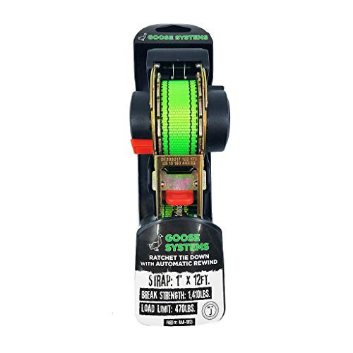 Goose Systems 1 x 12ft Retractable Ratcheting TieDown Strap  1410LB Break Strength JHook