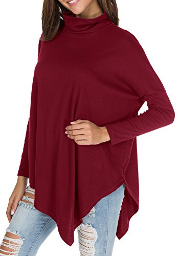 levaca Womens Turtleneck Oversize Batwing Sleeve Pullover Plus Tunic Tops Wine L