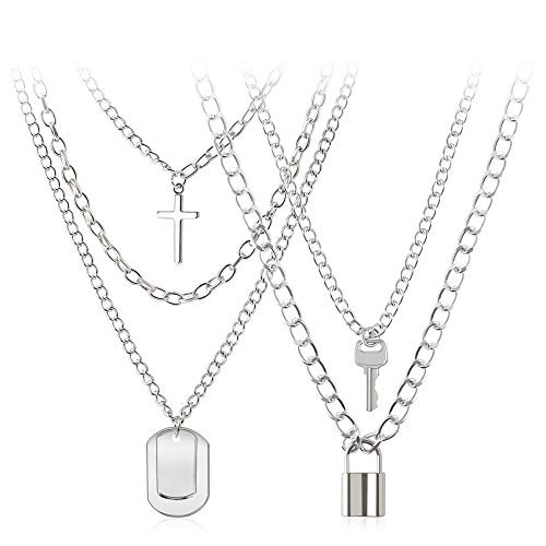BVROSKI Lock Chain Necklace Egirl Chains Statement Lock Key Pendant Necklace Silver Set Eboy Long Multilayer Chains Punk Choker 2 Set5 Layer