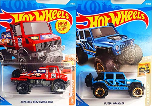 Hot Wheels Mercedes Benz Unimog 1300 Red 7/365 and 17 Jeep Wrangler Blue 13/250 2 Car Set Bundle