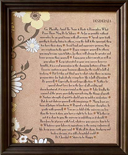 Framed Desiderata Poem By Max Ehrmann in Brown Solid Wood Wall or Desk Frame 70s Daisies Design