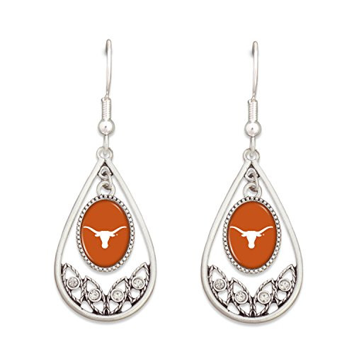 FTH Texas Longhorns Logo Silver Tone Tear Drop Hoop Earrings with Clear Rhinestones