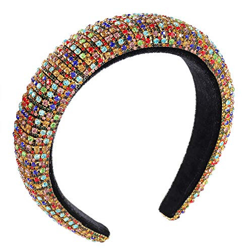 Padded Rhinestone Crystal Headbands For Women Girls Sparkly Colorful Bejewled Wide Velvet Hairband Party Headpiece Headwear Statement Hair Accessory multicolor Rhinestone