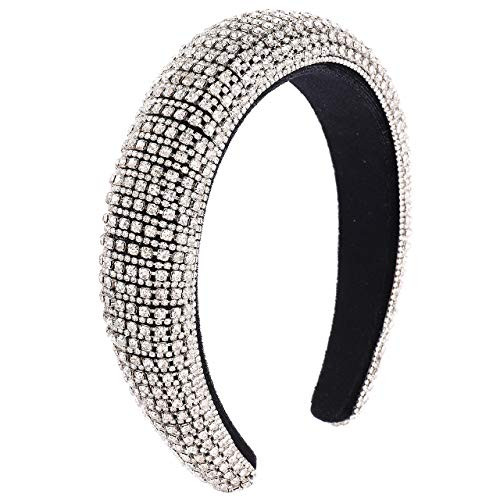 Rhinestone Velvet Padded Headband Bejewled Crystal Wide Hairband Party Headpiece Headwear Hair Accessories For Women Girls silver Rhinestone