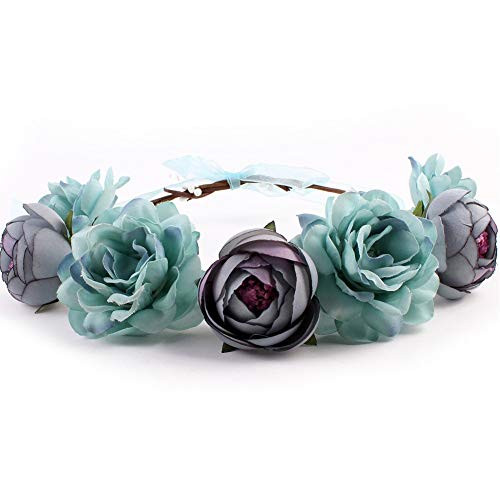 Rose Peony Flower Crown Girl Bridal Floral Headband Women Wreath HairBands Hair Accessories for Wedding Party Headwear Blue