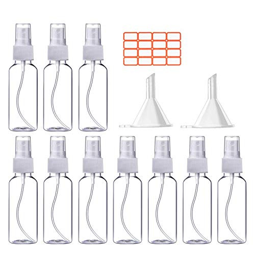 10Pack 2oz50ml Spray Bottles Clear Empty Fine Mist Plastic Mini Travel Bottle Set Small Refillable Liquid Containers with 2pcs Funnels and 32pcs Labels