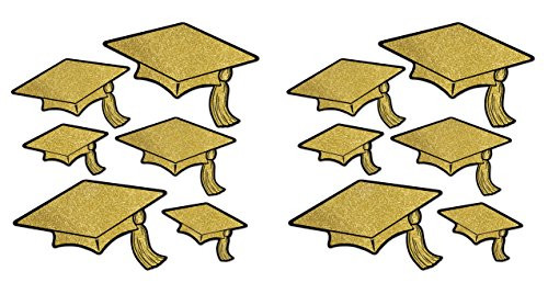 Beistle 53351-BKGD Glittered Foil Grad Cap Cutouts 12 Piece, Assorted Sizes Gold/Black