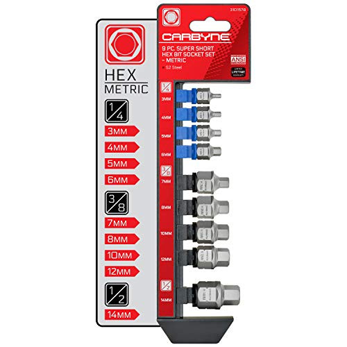 CARBYNE 9 Piece Super Short Hex Bit Socket Set  Metric 3mm to 14mm  S2 Steel