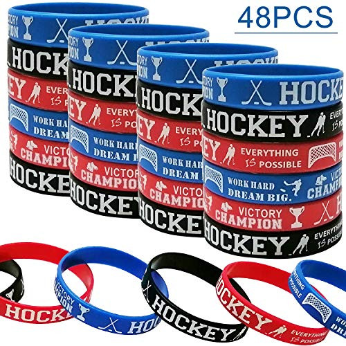48PCS Hockey Party Motivational Rubber Bracelets for Kids Adult SportsHockey Baby Shower Birthday Party Supplies Decorations Gifts Prize Goodie Bag Favors Silicone Wristbands