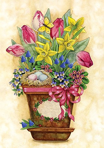 Toland Home Garden Potted Spring 28 x 40 Colorful Flower Bouquet Tulip Daffodil House Flag