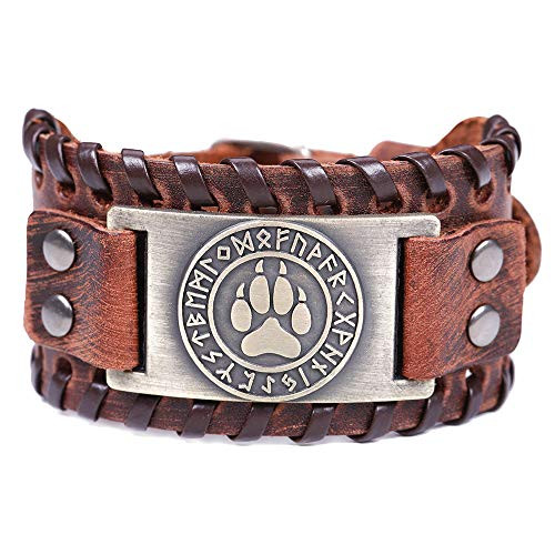 HAQUIL Viking Bracelet for Men Viking Runes Bear Paw Talisman Nordic Brown Wide Leather Wristband HAQUIL Viking Bracelet for Men Viking Runes Bear Paw Talisman Nordic Brown Wide Leather Wristband