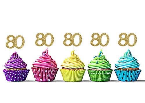 Sumerk 24PCS 80 Cupcake toppers Gold Glitter 80th Birthday Cupcake Picks Anniversary Party Decorations