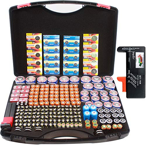 Hard Battery Organizer Storage Carry case with BT168 Battery Tester Checker Holding 250 AA AAA AAAA C D 9V Button Cell SFCR123A 18650 4LR44 A23 Batteriesno Batteries