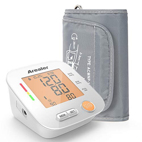 Arealer Blood Pressure Monitor Upper Arm Digital Blood Pressure Machine for Pulse Rate Automatic BP Monitor with Large Screen Display 2 * 90 Memory Bag and Batteries Included
