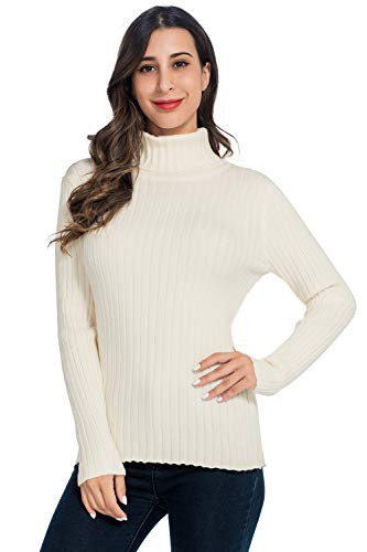 AUQCO Womens Turtleneck Sweaters Long Sleeve Casual Ribbed Knit Pullover Sweater Tops White