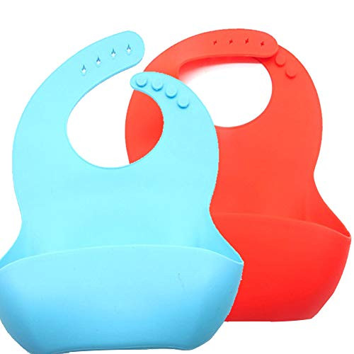 Emoly Silicone Baby Bibs 2 Pack Adjustable Fit Waterproof Baby Bib for Girls and Boys Easily Wipe Clean with Food Catcher Pocket  Blue Red Emoly Silicone Baby Bibs 2 Pack Adjustable Fit Waterproof Baby Bib for Girls and Boys Easily Wipe Clean with Food Catcher Pocket  Blue Red