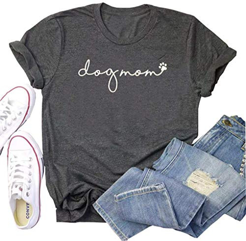 Dog Mom TShirt Women Funny Mama ONeck Graphic Tees Casual Loose Short Sleeve Tops Dog Lover Gift Blouse Dark Grey L