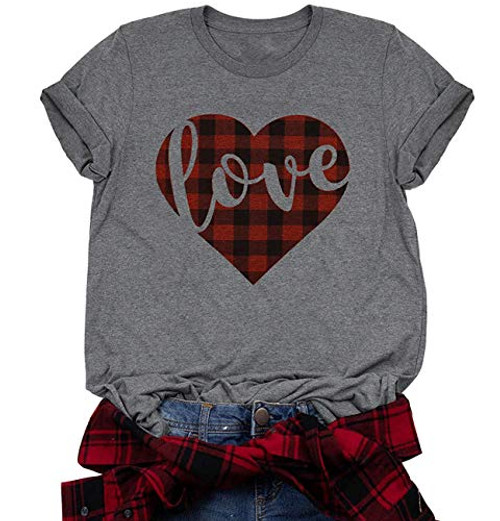 Valentines Day Shirt Plaid Love Heart Graphic Tees Letter Print Short Sleeve Tops Shirts for WomenGrey S