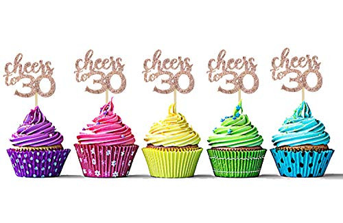 Sumerk 36PCS Cheers to 30 Cupcake Toppers Rose Gold Glitter 30th Birthday Cupcake Picks Anniversary Birthday Party Decorations Supplies