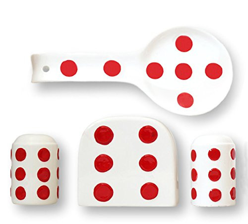 Tuscany 3D Red Dots, Hand Painted Ceramic 4pc Stove Top Set, 82225/28 by ACK