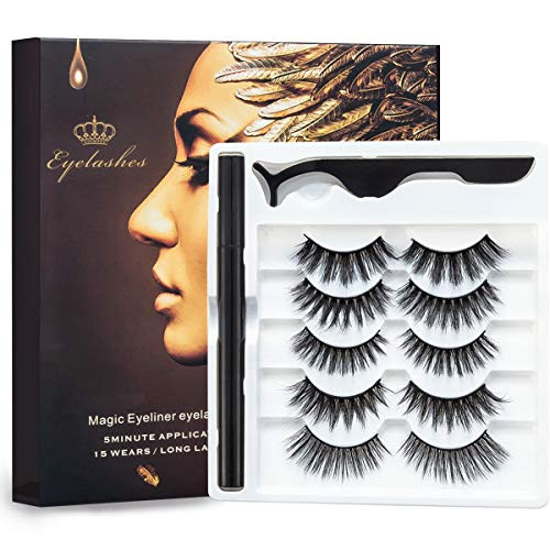 Magnetic Eyeliner and Eyelashes Kit No Magnet 5 Pairs Reusable 3D Mink Magnetic Eyelashes with Eyeliner Upgraded Natural Look False Lashes with Applicator