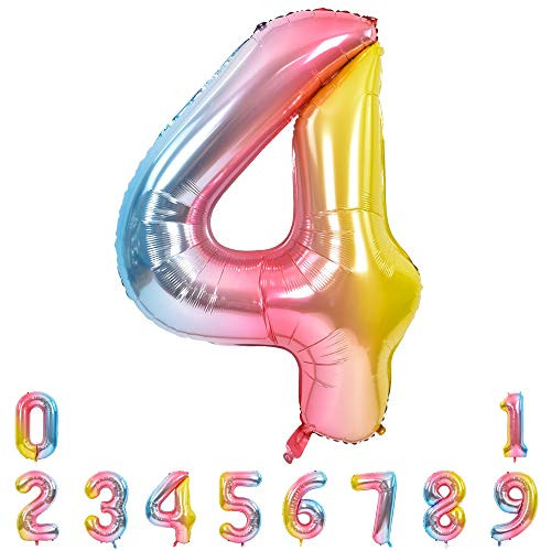 40 Inch Rainbow Large Numbers Balloons 09 Number 4 Digit 4 Helium Balloons Foil Mylar Big Number Balloons for Birthday Party Anniversary Supplies Decorations