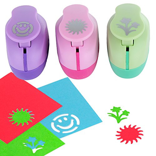 Paper Punch Hole Puncher -- (3 PACK Flowers Sun Happy Face) -- Personalized Paper Craft Punchers Shapes Set -- For Scrapbook Engraving Kids Artwork -- Greeting Card Making DIY Crafts
