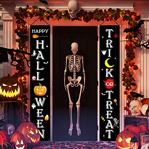 Olivilo Halloween Decorations Outdoor Trick or Treat Banner Happy Halloween Welcome Sign for Front Door Decor Outdoor Welcome Signs for Porch Front Door Hanging Decor Halloween Porch Sign