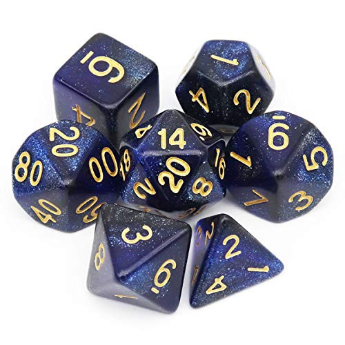 Haxtec Glitter DND Dice Set 7PCS Polyhedral DD Nebula Dice for Roleplaying Dice Games as Dungeons and Dragons Blue Black Nebula