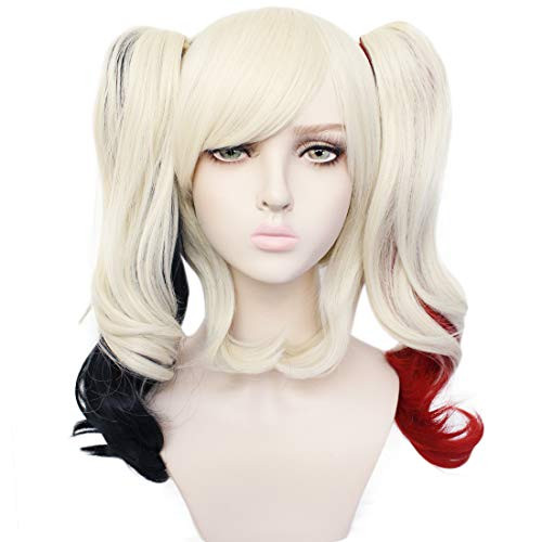 JoneTing Blonde Cosplay Wig Red Ombre Black Synthetic Wig with Ponytails Short Wavy Wigs for Halloween JoneTing Blonde Cosplay Wig Red Ombre Black Synthetic Wig with Ponytails Short Wavy Wigs for Halloween