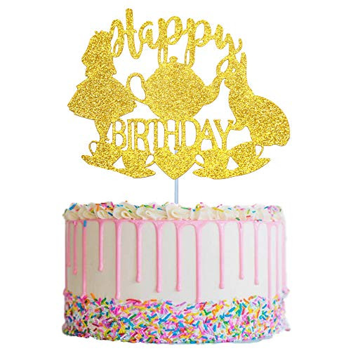 Gold Glittery Alice in Wonderland Cake Topper Bunny Happy Birthday Cake Topper Tea Party Birthday Decorations Alice in Wonderland Party Decorations