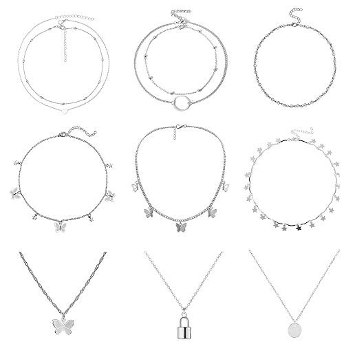 9PCS Butterfly Choker Necklace Gold Silver Layered Chain Dainty Choker Pendant Necklaces for Women Girls Silver 9PCS Butterfly Choker Necklace Gold Silver Layered Chain Dainty Choker Pendant Necklaces for Women Girls Silver