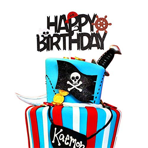 Unimall Pirate Theme Cake Topper Happy Birthday Cake Decoration for Kids Nautical Sailing Treasure Black and Red Skull Anchor Cake Topper Picks Party Decorations Supplies