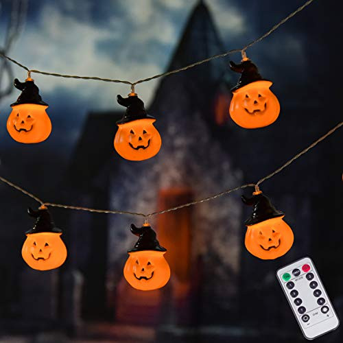 LUMINATERY Jack O Lantern Halloween Pumpkin Lantern with Witches Hats String Lights 30LED 8 Lighting Modes Remote Control BatteryPowered Perfect for Indoor Outdoor Halloween Decoration Ombre