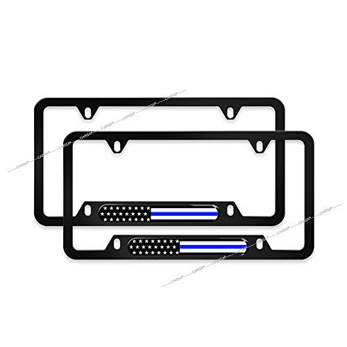CARSA USA Patriotic Anodized Aluminum Thin Top  Narrow Top Car License Plate Frame with US American Flag  Thin Blue Line Insert with Free Caps Blue Line