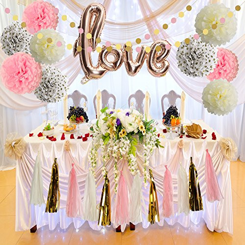Bridal Shower Decorations Love Balloons Rose Gold Tissue Paper Pom Poms Flowers Tassel Paper Garland Pink and Gold Party Supplies Kit