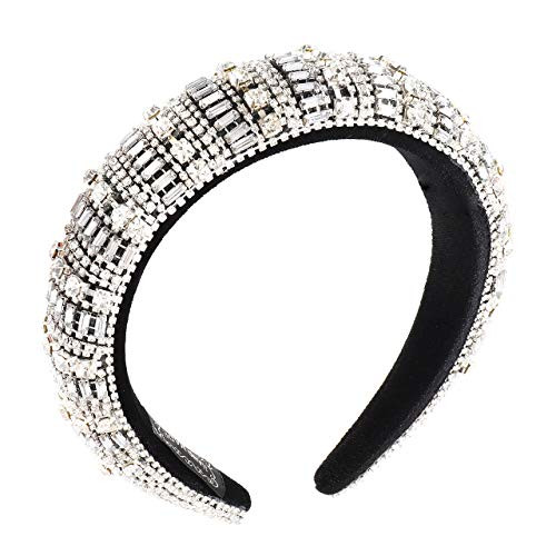 Rhinestone Padded Headband Bejeweled Colorful Baroque Rhinestone Embellished Wide Velvet Padded Statement Headband Hair Hoop for WomenSilver