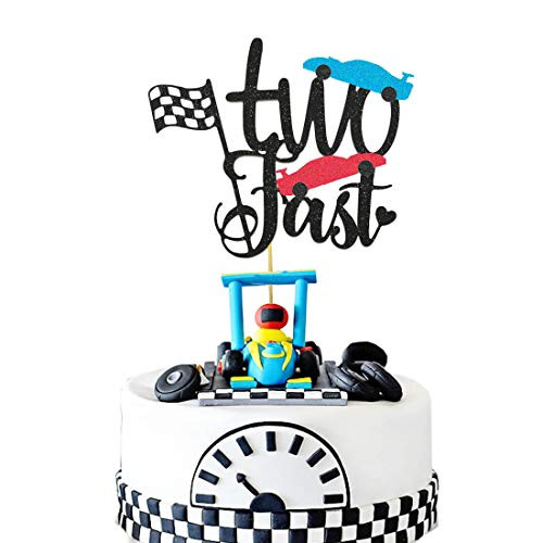 HEETON Two Fast Cake Topper Race Car Racing Second Boy Girl Chequered Flag Birthday Party Supplies Decorations