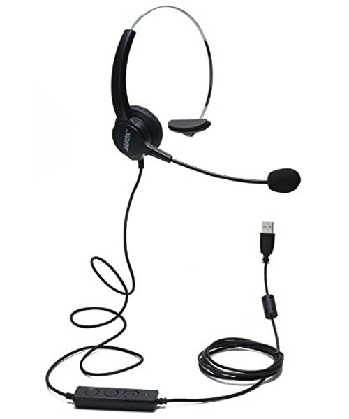 AGPtEK Hands-free Call Center Noise Cancelling Corded Monaural Headset Headphone with Mic Mircrophone - Cord with USB Plug, Volume Control