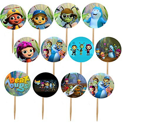 DJz Dealz Beat Bugs Cupcake Picks Double-Sided Images Cake Topper -12, Jay, Buzz, Crick, Kumi, Walter -Children Netflix Movie