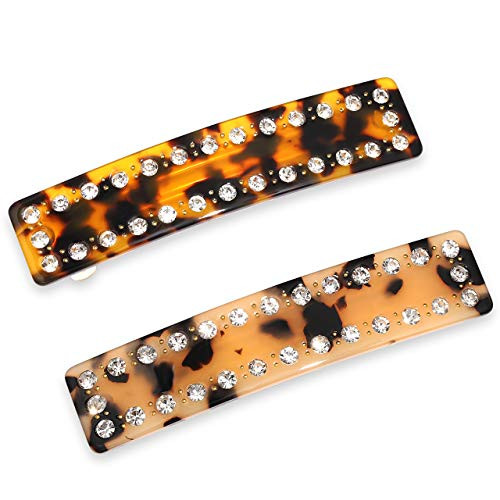 2 Pieces Tortoise Shell Hair Barrettes Medium French Hair Clip Rhinestone Rectangle Cellulose Acetate Hair Barrettes for Women