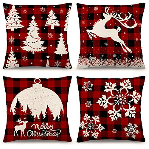 ZJHAI Christmas Pillow Covers 18×18 Inch Set of 4 Farmhouse Black and Red Buffalo Plaid Pillow Covers Holiday Rustic Linen Pillow Case for Sofa Couch Christmas Decorations Throw Pillow Covers