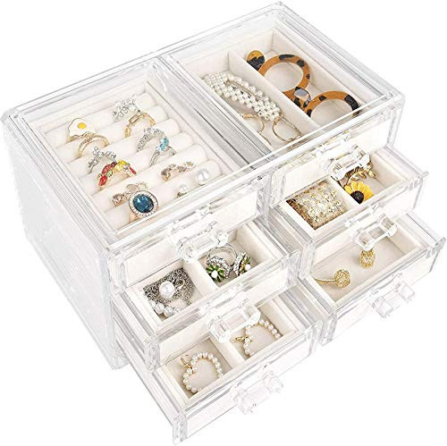 Mebbay Acrylic Jewelry Box with 6 Drawers Velvet Jewelry Organizer for Earring Necklace Ring  Bracelet Clear Jewelry Display Storage Case for Woman White Mebbay Acrylic Jewelry Box with 6 Drawers Velvet Jewelry Organizer for Earring Necklace Ring  Bracelet Clear Jewelry Display Storage Case for Woman White