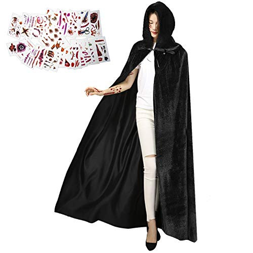 WEILIAN Halloween Hooded Cloak Velvet Black Cape Adult Men Women Robe Cosplay Costume for Royalty Wizard Vampires